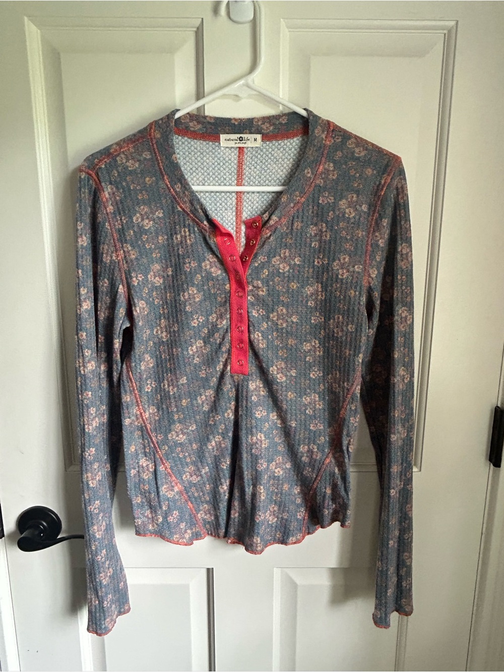 Natural Lofe Soft Floral Henley Long Sleeve Top - Pink Trim